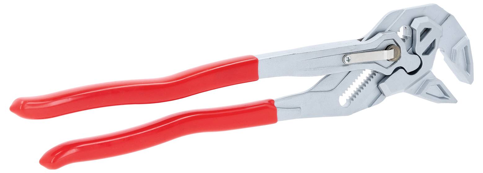 Verstellbare Zange mit einem silbernen Metallkörper und roten Gummigriffe, entwickelt zum Greifen und Drehen von Objekten verschiedener Größen.