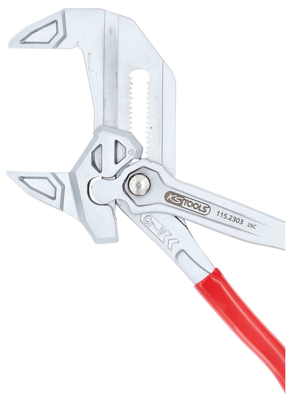 Verstellbare Zange mit silbermetallischer Oberfläche und roten Griffschalen. Der Kopf verfügt über geschweifte Backen und Markierungszeichen.