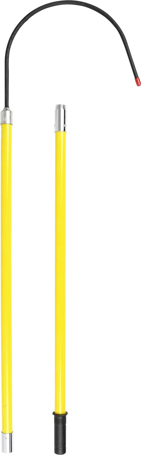 Zwei gelbe Fiberglasstangenabschnitte mit schwarzen Gummitüllen. Eine Stange hat einen schwarzen Haken, die andere einen Gummigriff.
