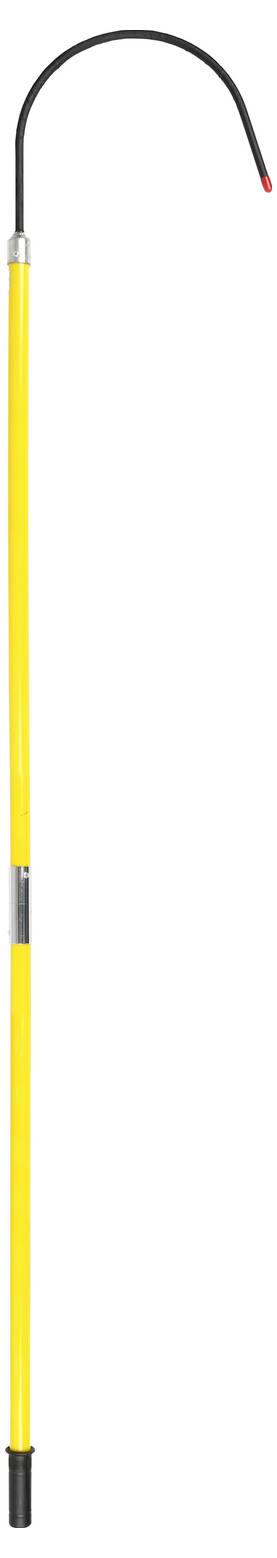 Ein langer, gelber Schäferstab mit einem gebogenen schwarzen Griff und einer roten Spitze.