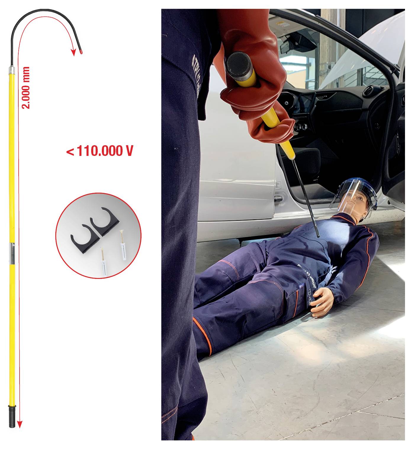 Eine Person in Schutzausrüstung liegt neben einem Auto auf dem Boden und hält einen langen isolierten Rettungshaken. Eine Grafik zeigt die Länge des Hakens und seine Spannungsbewertung.
