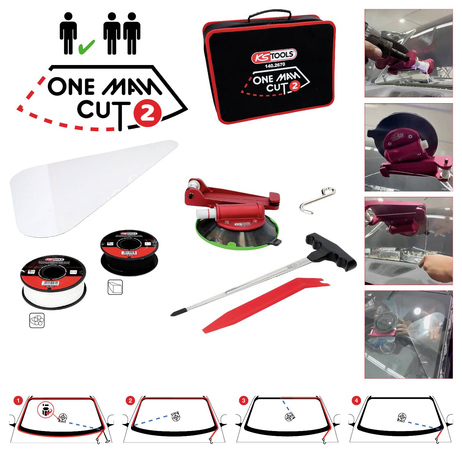 Werkzeugset 'One Man Cut 2' für präzises Glasschneiden, enthält Transportkoffer, Glasschneider, Drahtspulen, Griff, Gebrauchsanleitung mit Diagrammen und Bildern zur Anwendung.