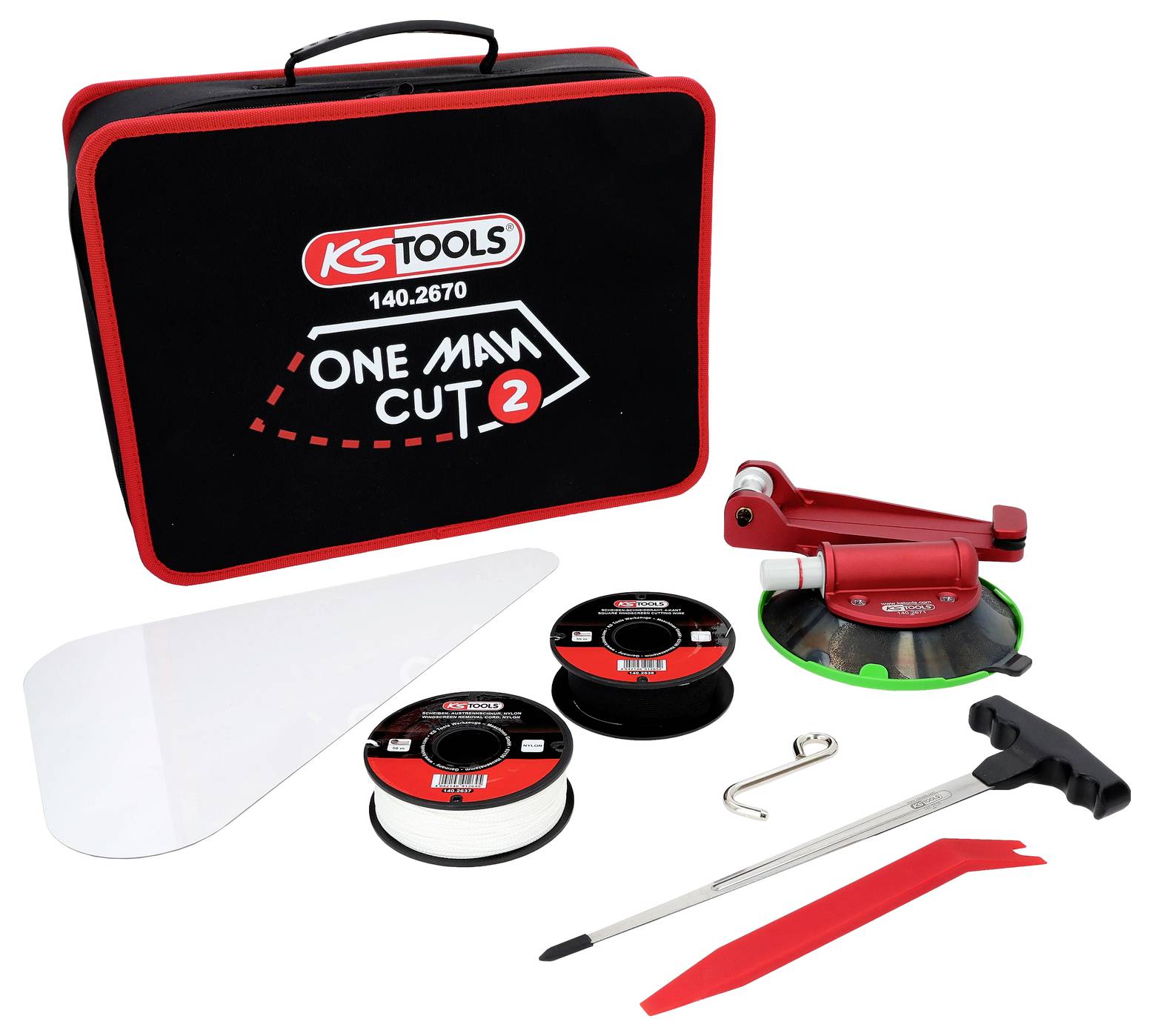 'KS Tools One Man Cut 2' Set mit schwarzem und rotem Koffer, Schneidwerkzeugen, Filmrollen, Saugnapf und Zubehör zum Glasschneiden.