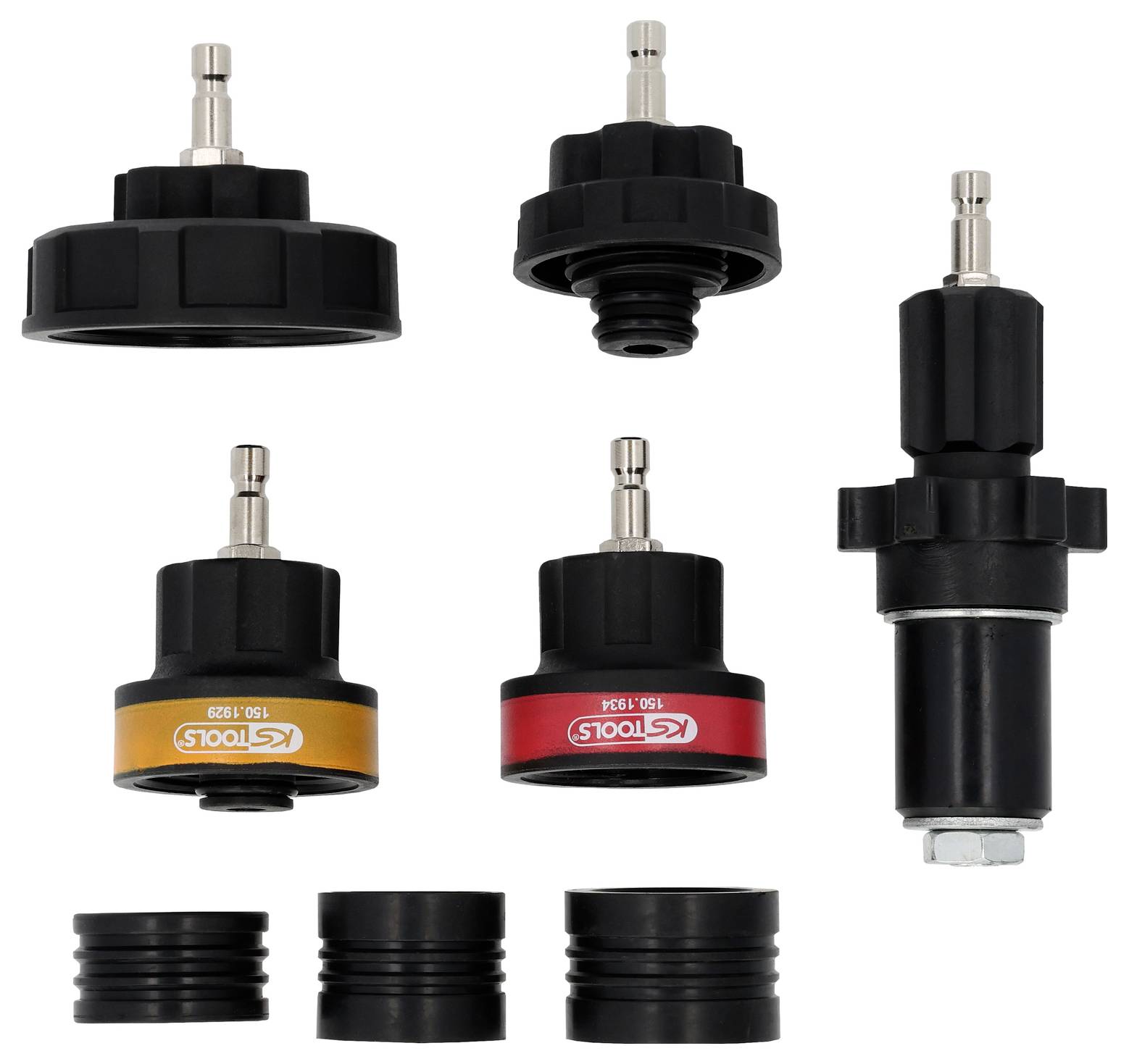 Verschiedene Automotive-Kappen und Adapter in einem Rasteranordnung, die verschiedene Größen und Designs aufweisen, einschließlich Gummidichtungen.