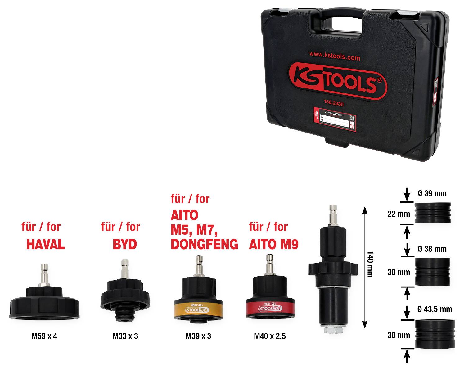 Das Bild zeigt einen KS Tools Ölfilterkappen-Satz mit verschiedenen Adaptern. Er enthält Adapter für Haval, BYD, AITO M5, M7, DONGFENG und AITO M9.
