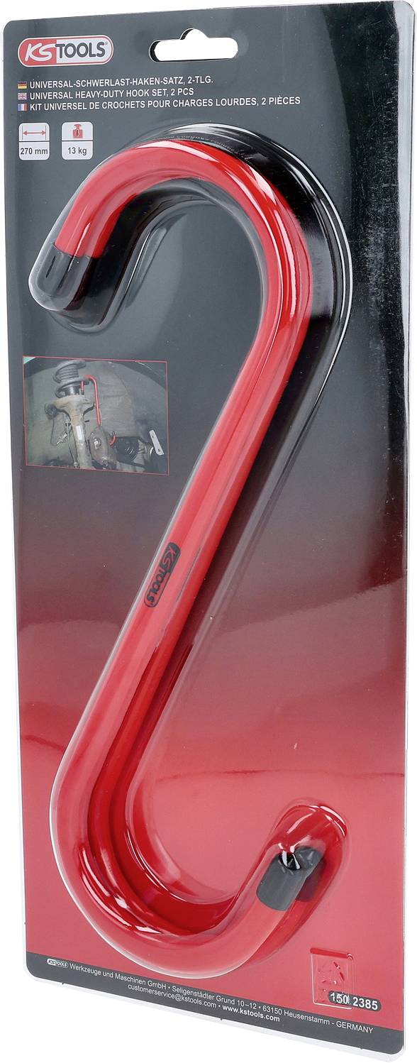 Paket von KS Tools' S-förmigen Befestigungshaken, in Rot und Schwarz dargestellt. Enthält zwei Haken, die für vielseitige Arbeiten konzipiert sind.
