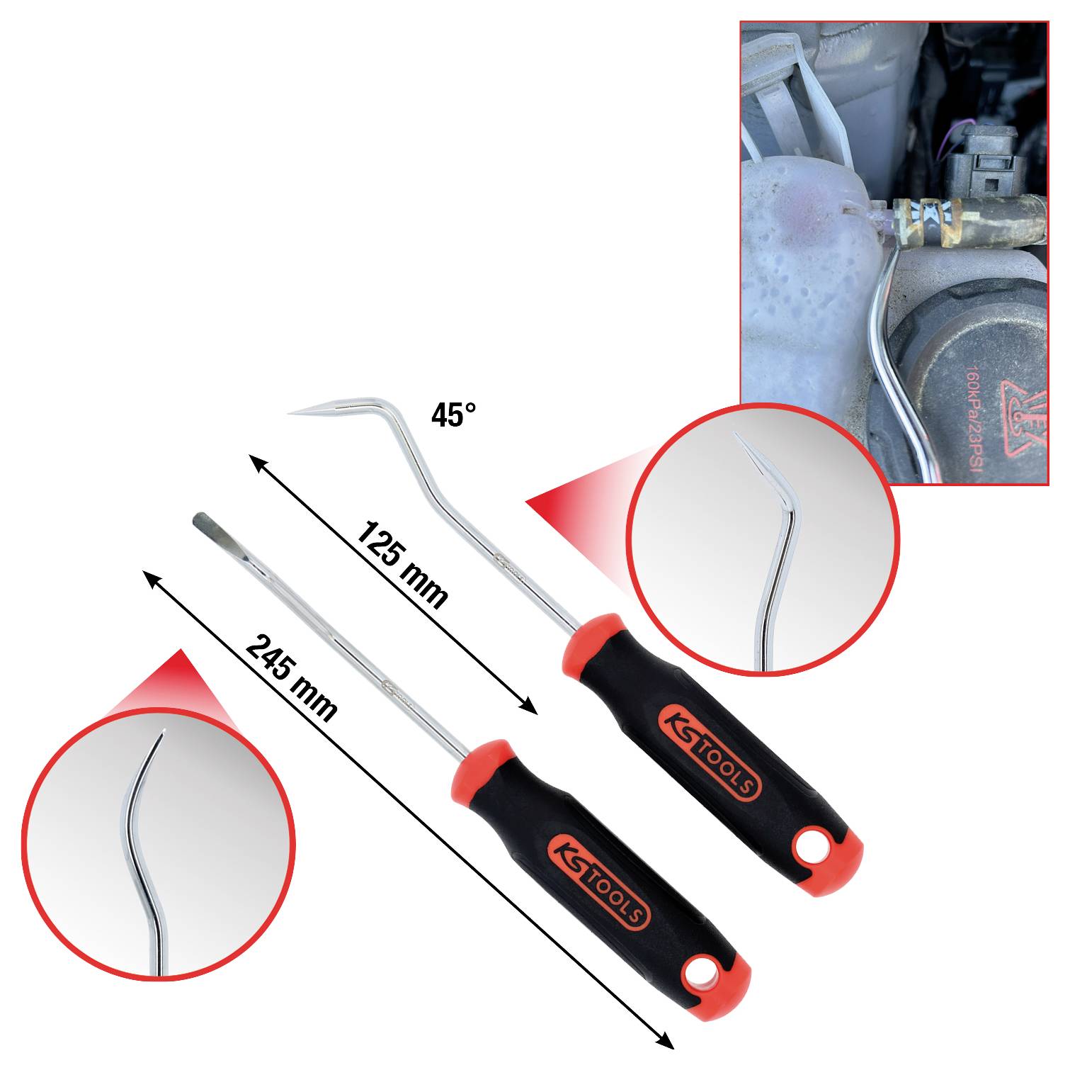 Zwei Hakenwerkzeuge von KS Tools, eines im 45-Grad-Winkel und das andere gerade. Verwendet für mechanische Aufgaben. Enthält Längen: 245 mm und 125 mm.