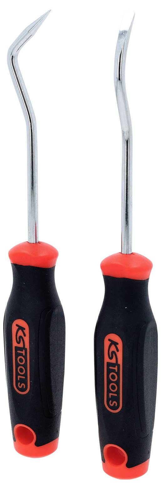 Zwei Metallhaken mit schwarzen und roten Griffen, entwickelt für automotive oder mechanische Anwendungen, mit dem Logo 'KS TOOLS' auf jedem Griff.