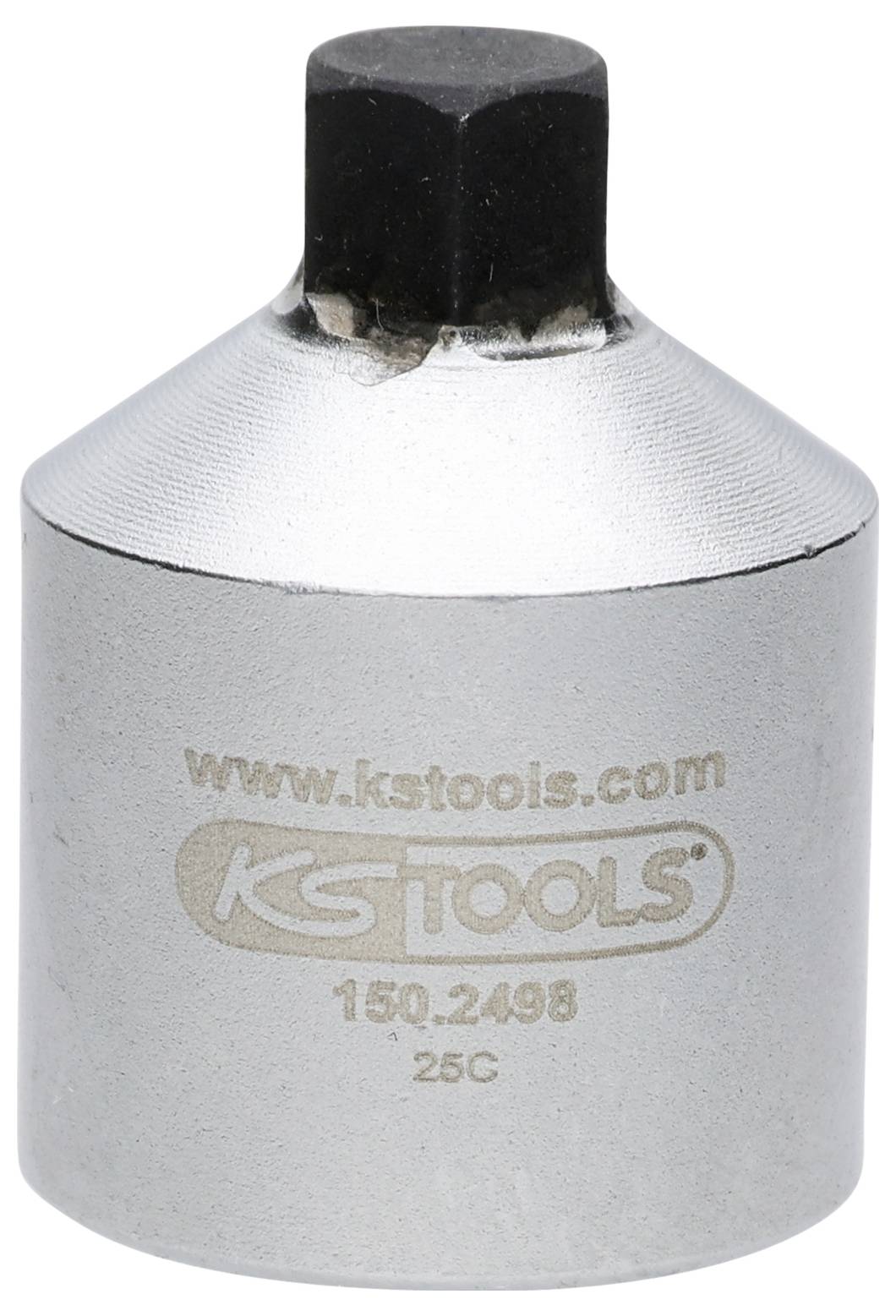 Ein Metall-KS Tools Steckschlüssel-Adapter mit quadratischem Antrieb, der zum Verbinden von Werkzeugen verwendet wird und mit Website- und Modellnummerinformationen graviert ist.