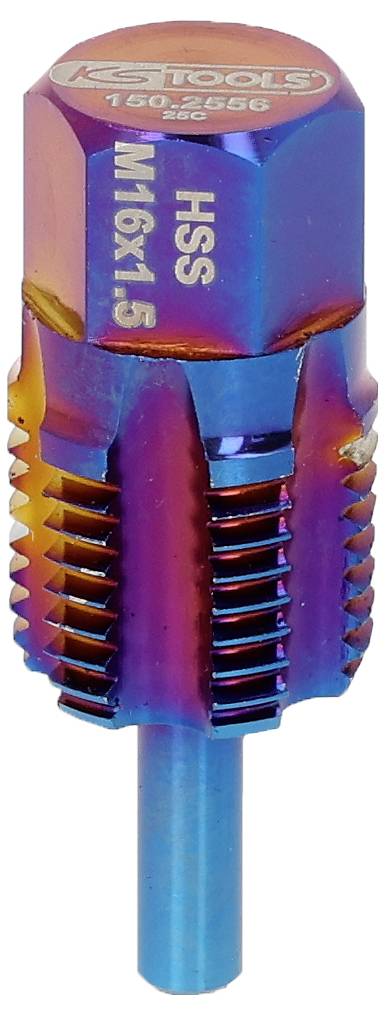 Ein lebendiges mehrfarbiges Metallwerkzeug zur automatischen Gewindereparatur, gekennzeichnet mit 'M16x1.5 HSS'.