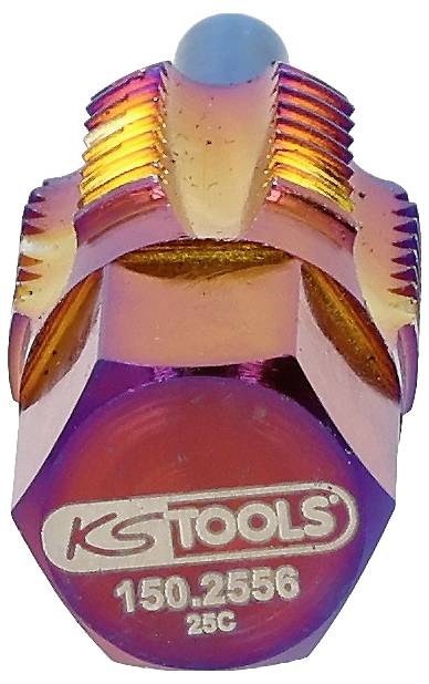 Ein mehrfarbiger, konischer Werkzeugkopf mit einem zentralen, blau gespitzten Punkt, markiert mit 'KS Tools', Modellnummer 150.2556 und Größe 25C.