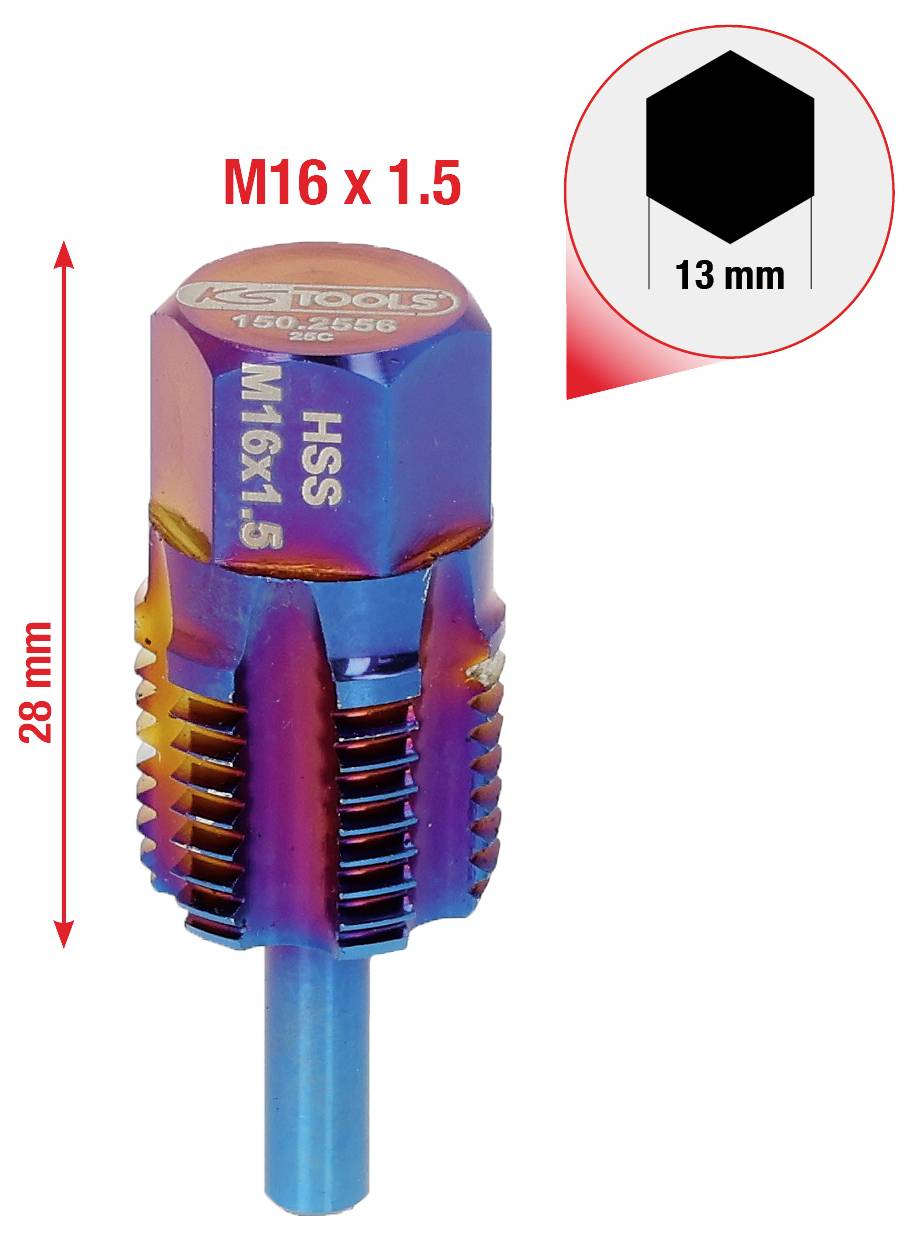 Ein Werkzeugbit mit der Bezeichnung 'M16 x 1.5 SSH', in Blau und Gold gefärbt, hat eine Länge von 28 mm. Eine Sechseckform mit einer Breite von 13 mm ist abgebildet.