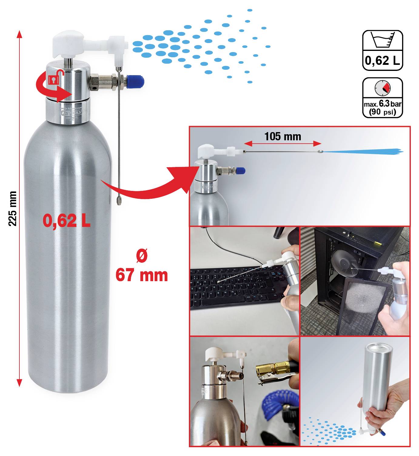 Silberne CO2-Flasche, 0,62 L, 67 mm Durchmesser, 225 mm Höhe. Demonstration der Sprühdüsenverwendung auf verschiedenen Objekten. Maximaler Druck: 6,3 bar.