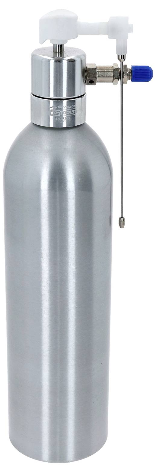 Eine Metallflasche mit Dosierspender, versehen mit einem Hochdruckventil und Düse auf der Oberseite, wahrscheinlich für kulinarische Zwecke wie das Aufschlagen von Sahne verwendet.