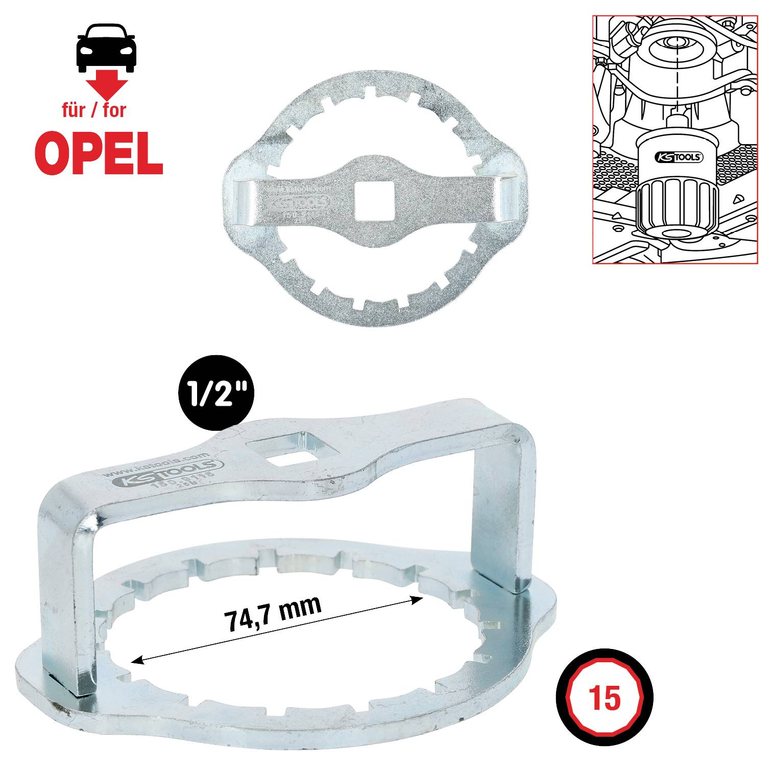 Metall-Werkzeug für Opel-Fahrzeuge, ausgelegt für einen 1/2-Zoll-Antrieb, mit 74,7 mm Durchmesser. Enthält eine detaillierte Nahaufnahme des Werkzeugs in Gebrauch.