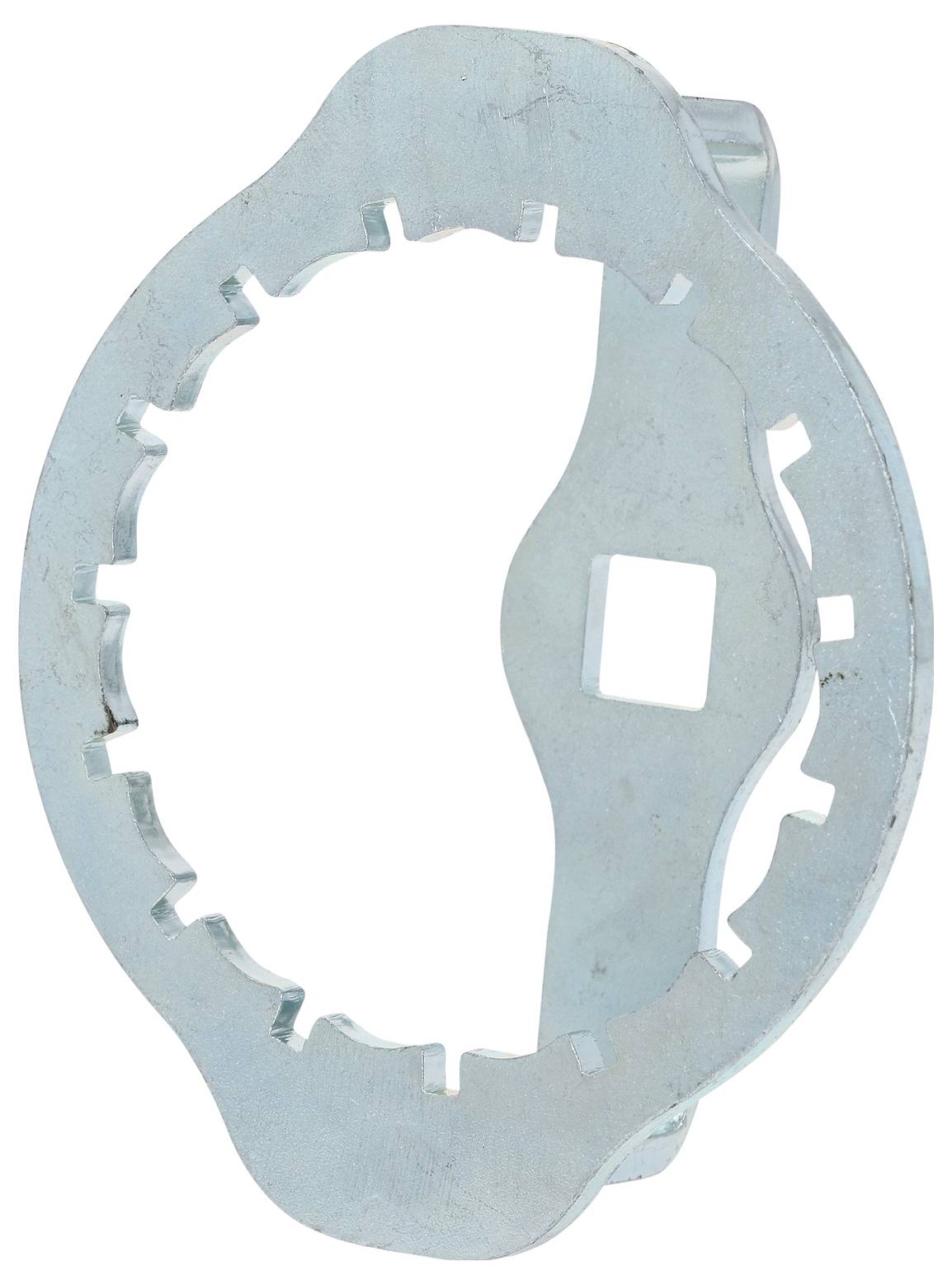 Ein Metallschlüsselaufsatz mit kreisförmiger Gestalt und mehreren Kerben an seinem Rand, der zum Greifen einer bestimmten Art von Komponente entwickelt wurde.