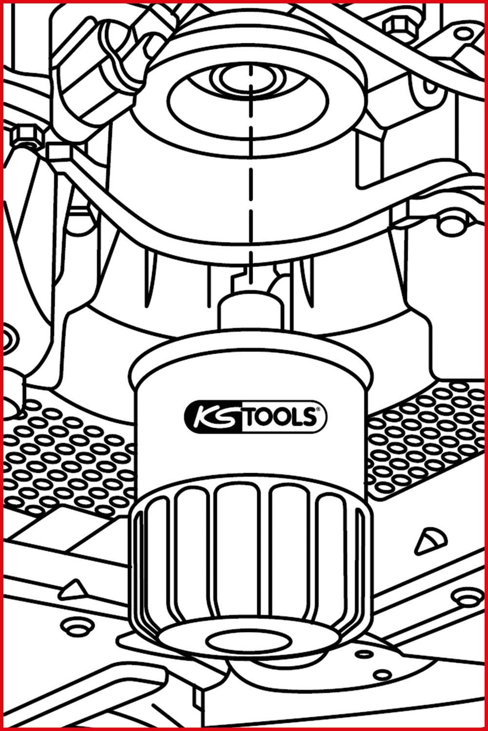 Ein mit 'KS TOOLS' Markenlogo versehener zylindrischer Werkzeuganbau an einer Maschine in einem mechanischen Aufbau, der detaillierte Komponenten und Anschlüsse zeigt.