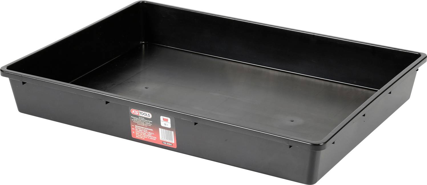 Eine schwarze rechteckige Plastik-Mischkübel auf einem weißen Hintergrund mit einer Beschriftung an der Seite.