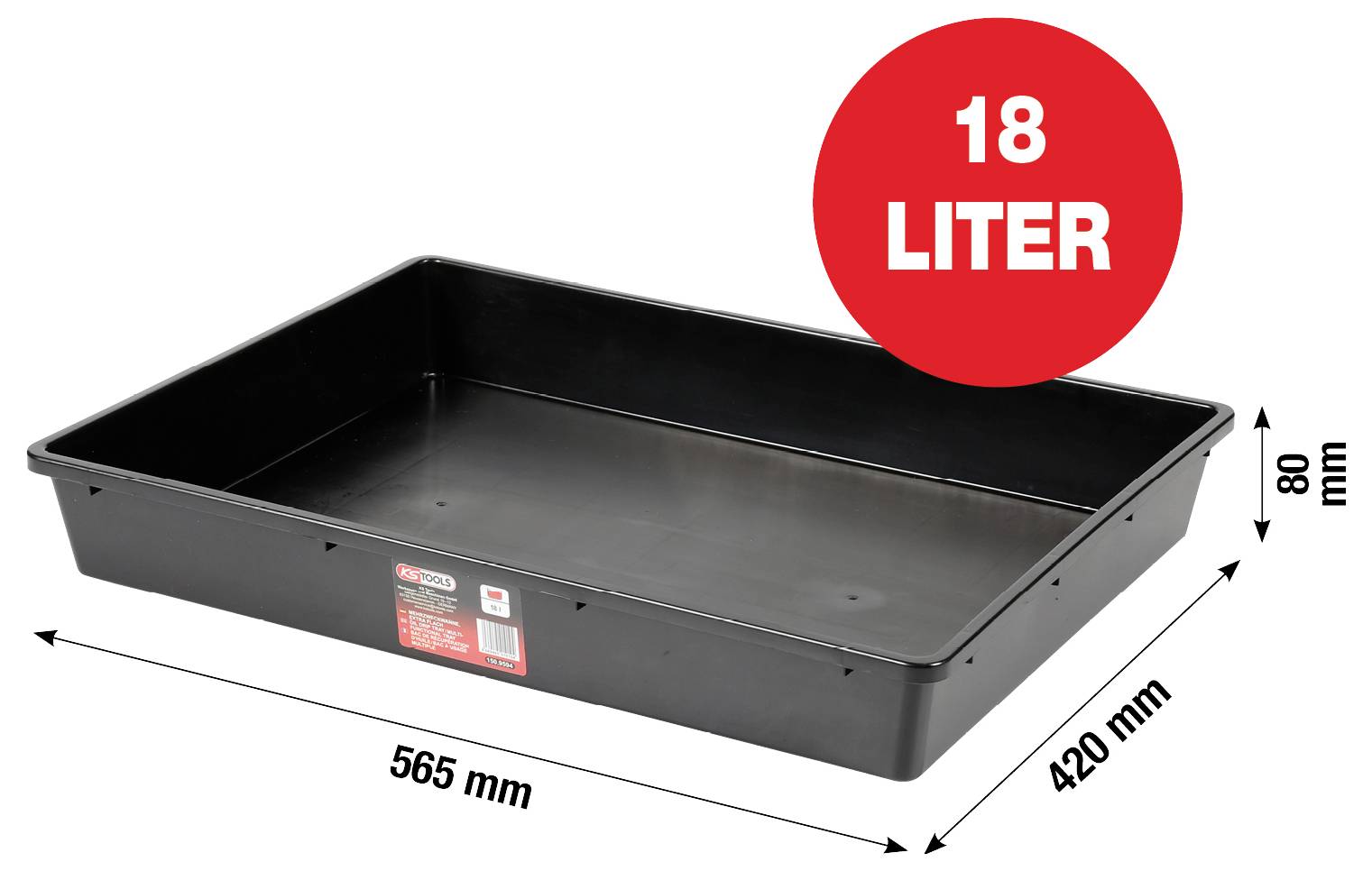 Schwarze Kunststoff-Aufbewahrungsbox, 18 Liter, Abmessungen: 565 mm x 420 mm x 80 mm.