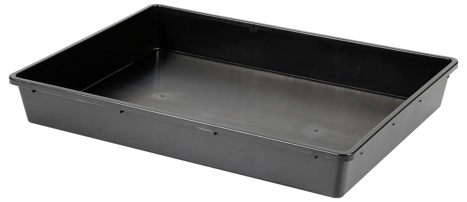 Ein schwarzes rechteckiges Plastikbehältnis mit erhöhten Kanten, geeignet zum Halten oder Organisieren von Gegenständen.