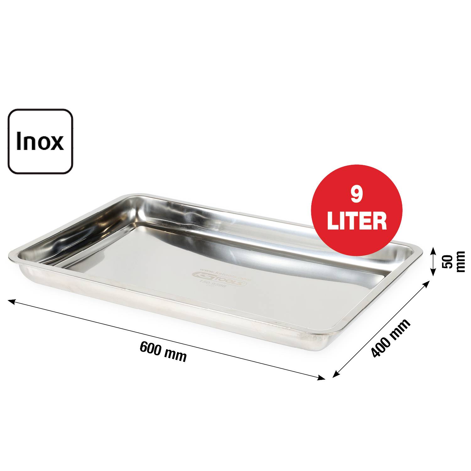 Edelstahl-Tablett mit 'Inox'-Beschriftung, Abmessungen: 600 mm x 400 mm x 50 mm, Fassungsvermögen: 9 Liter, aus einem Winkel dargestellt.