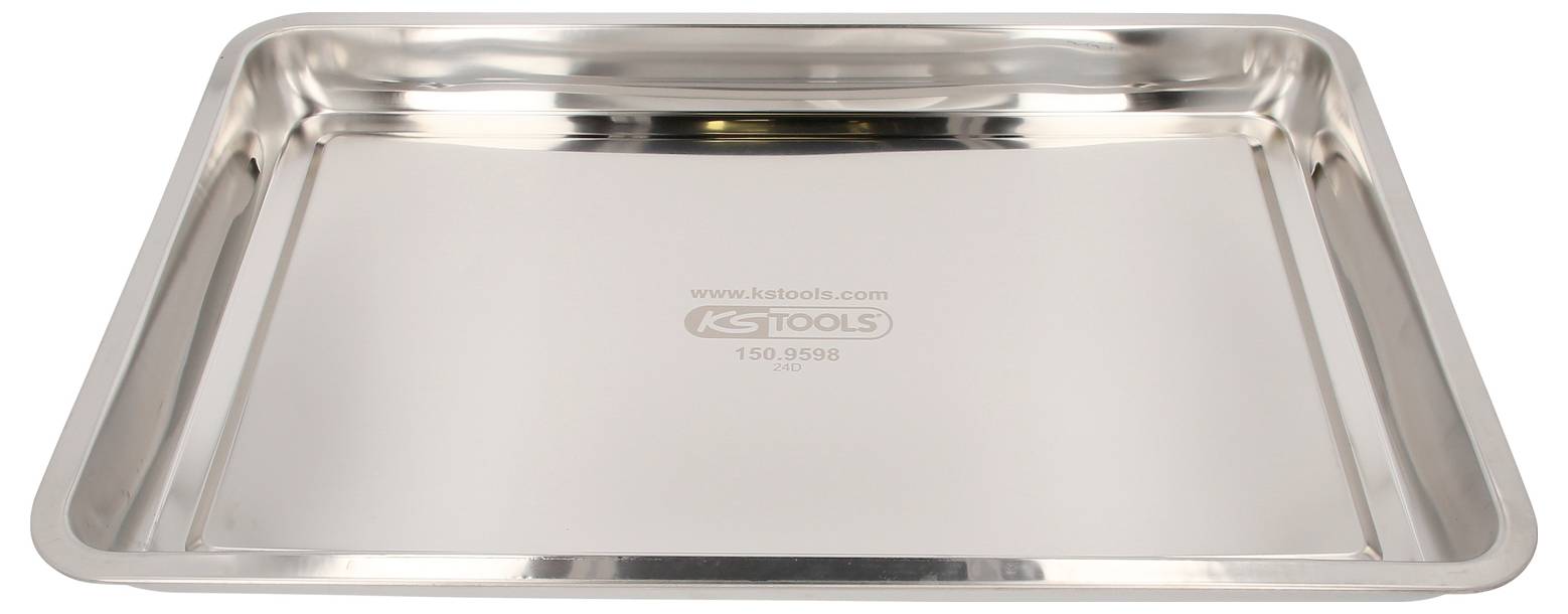 Ein Tablett aus Edelstahl in rechteckiger Form mit polierter Oberfläche und erhöhten Kanten, in der Mitte mit 'KS TOOLS' graviert.