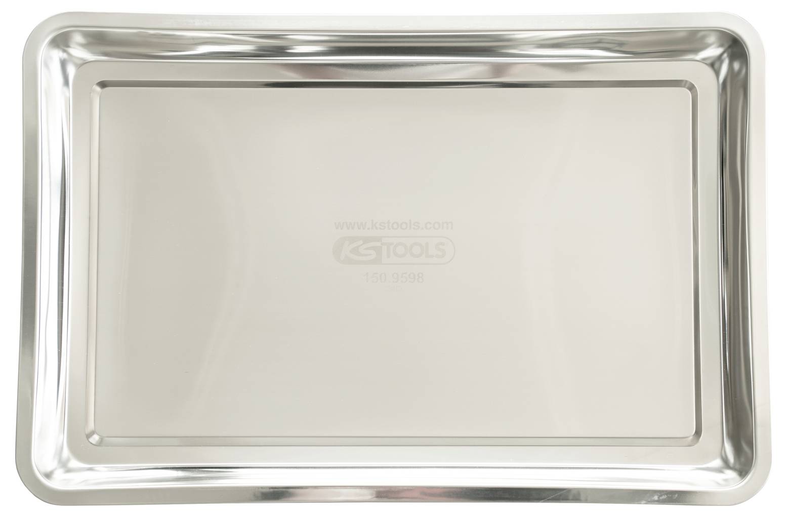 Ein rechteckiges Tablett aus Edelstahl mit erhöhtem Rand, geeignet zum Aufbewahren von kleinen Gegenständen oder zum Servieren.