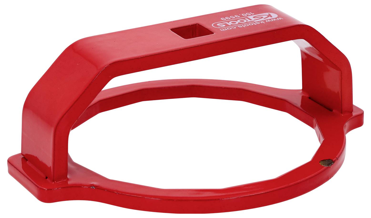 Ein roter Plastik-Ölfilter-Schlüssel mit einem rechteckigen Griff, der zum sicheren Entfernen und Installieren von Ölfiltern entwickelt wurde.