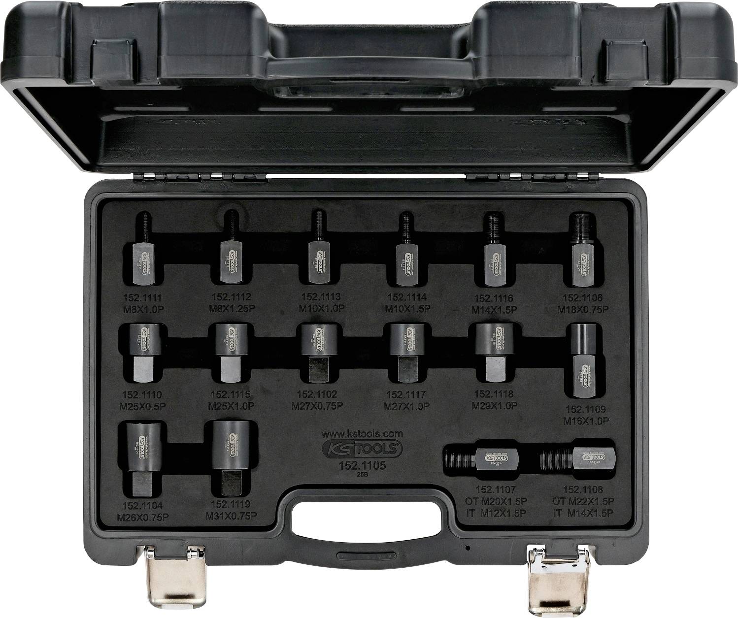 Eine offene schwarze Werkzeugbox, die verschiedene sechseckige Stecknüsse in beschrifteten Fächern enthält und für automotive Anwendungen verwendet wird.