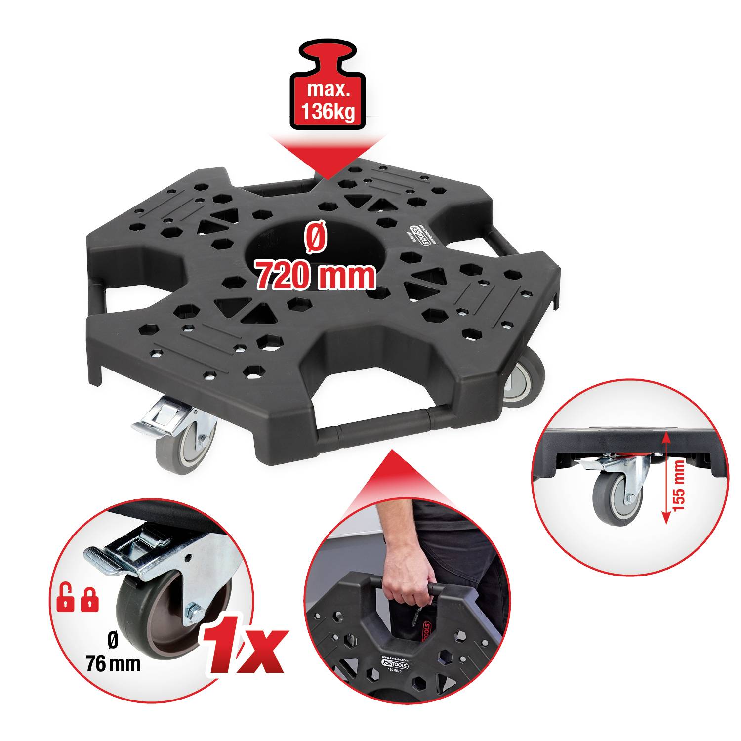 Ein großer schwarzer Pflanzenroller mit Rädern, 720 mm Durchmesser, trägt bis zu 136 kg. Ausgestattet mit sicheren Bremsen und einem Tragegriff für einfachen Transport.