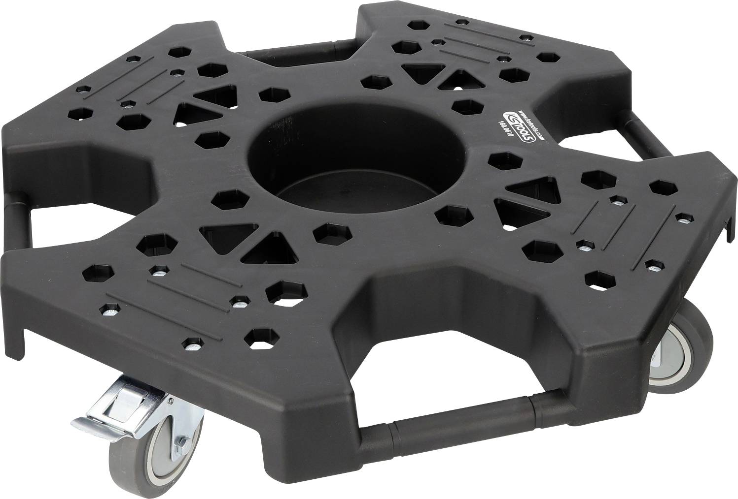 Ein schwarzer, rollender Transportwagen mit einer kreisrunden Zentralöffnung und einer sternenförmigen Konstruktion, der zum Transport schwerer Gegenstände verwendet wird.