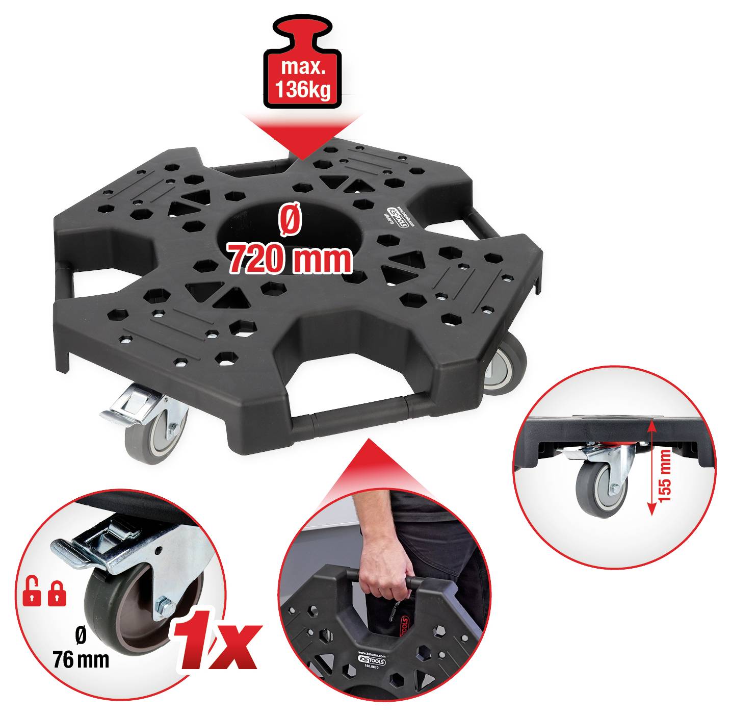 Eine schwarze Rollplattform mit Rädern, trägt bis zu 136 kg, Durchmesser 720 mm. Nahaufnahme zeigt Lenkrolle und das Tragen per Hand.