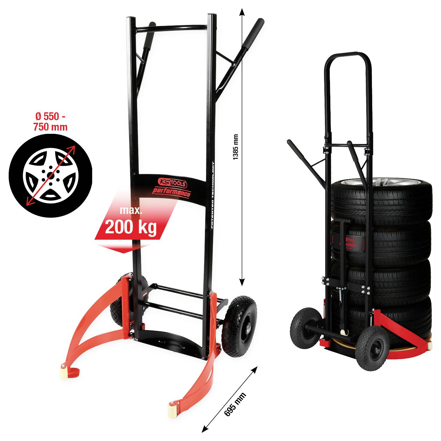 Reifentransportwagen mit schwarzem Rahmen und roten Stützen. Max. Tragkraft 200 kg. Geeignet für Reifendurchmesser 550–750 mm, Höhe 1050 mm.