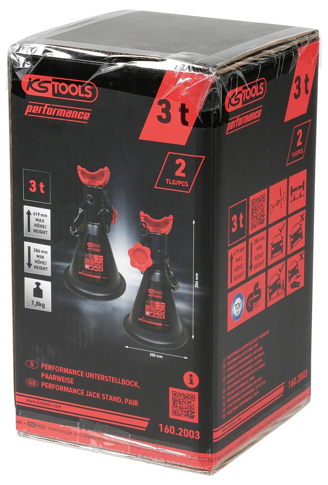 Ein rechteckiger Kasten mit der Aufschrift 'KS Tools Performance Unterstellbock, 2T/Stück, 3t Tragfähigkeit' mit Bildern und Spezifikationen wie Höhen- und Gewichtsangaben.