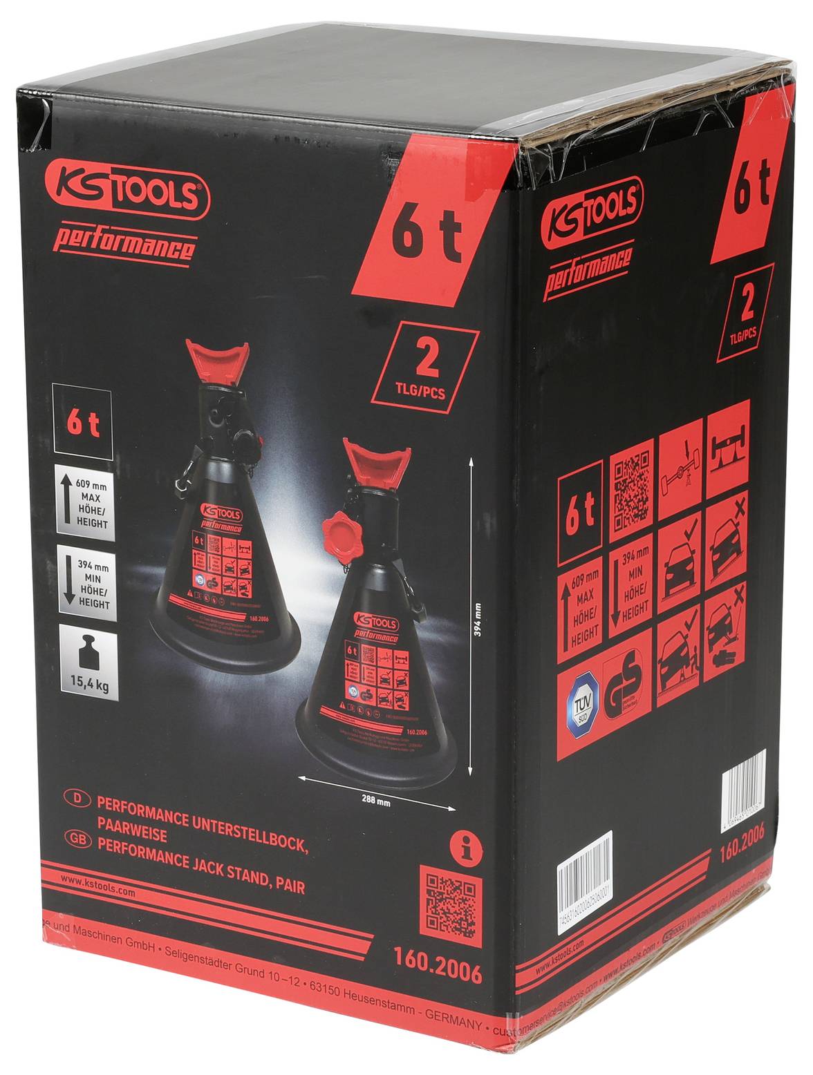 KS Tools 6-Tonnen-Unterstellbock, 2er-Set, mit verstellbarer Höhe. Modellnummer 160.2006. Verpackung zeigt Produktbild und Spezifikationen.