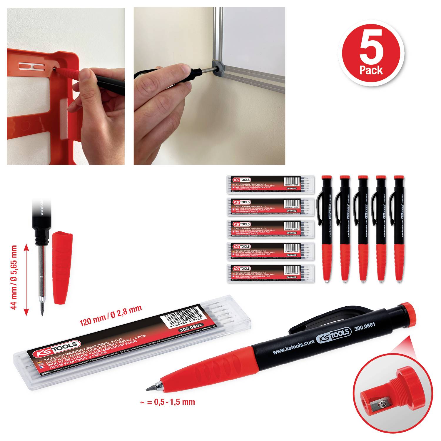 '5er-Pack' von roten und schwarzen Whiteboard-Markern mit Abmessungen. Inklusive Clip und Radierer. In verschiedenen Ansichten und Nahaufnahmen präsentiert.