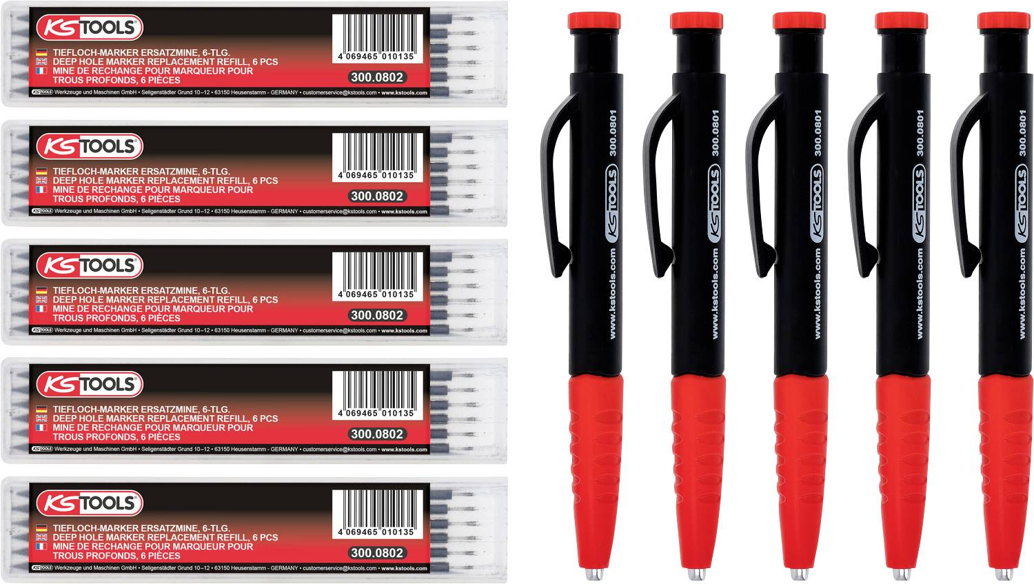 Fünf Packungen mit je 10 KS Tools Ersatzminen und sechs rote und schwarze Markierungsstifte.