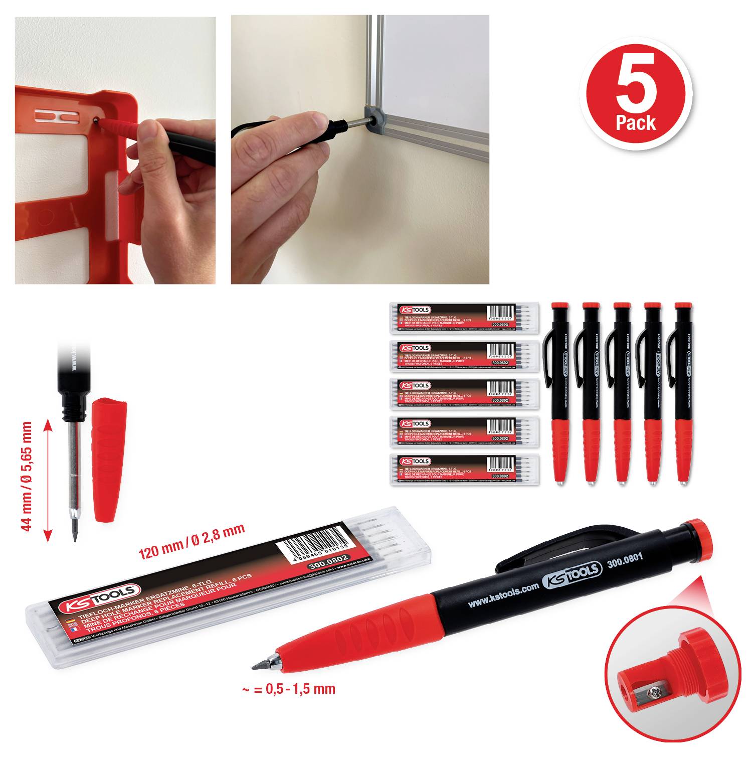 Werkzeug-Überblick: 5 rote und schwarze Marker mit Clips, in Verpackung und im Einsatz gezeigt, jeweils mit feiner Spitze für Präzision.