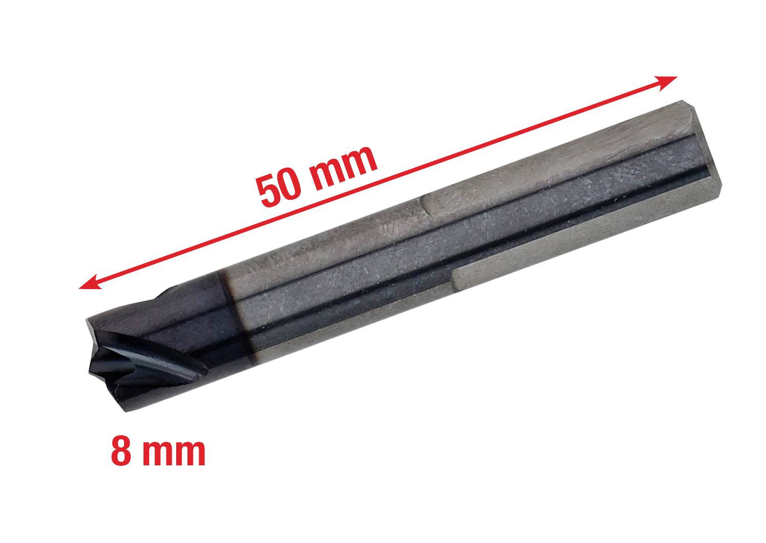 Ein zylindrischer Metalleinsatz, 50 mm lang und 8 mm breit, mit einer spitzen Spitze, verwendet zum Bearbeiten oder Bohren.