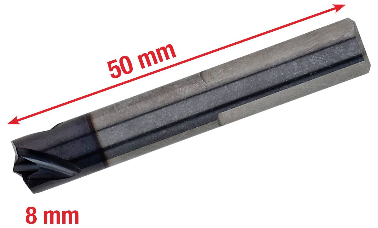Ein Metalwerkzeug mit einer spitzen Endseite, gekennzeichnet mit einer Länge von 50 mm und einem Durchmesser von 8 mm, das wahrscheinlich für Bohr- oder Schneidaufgaben verwendet wird.