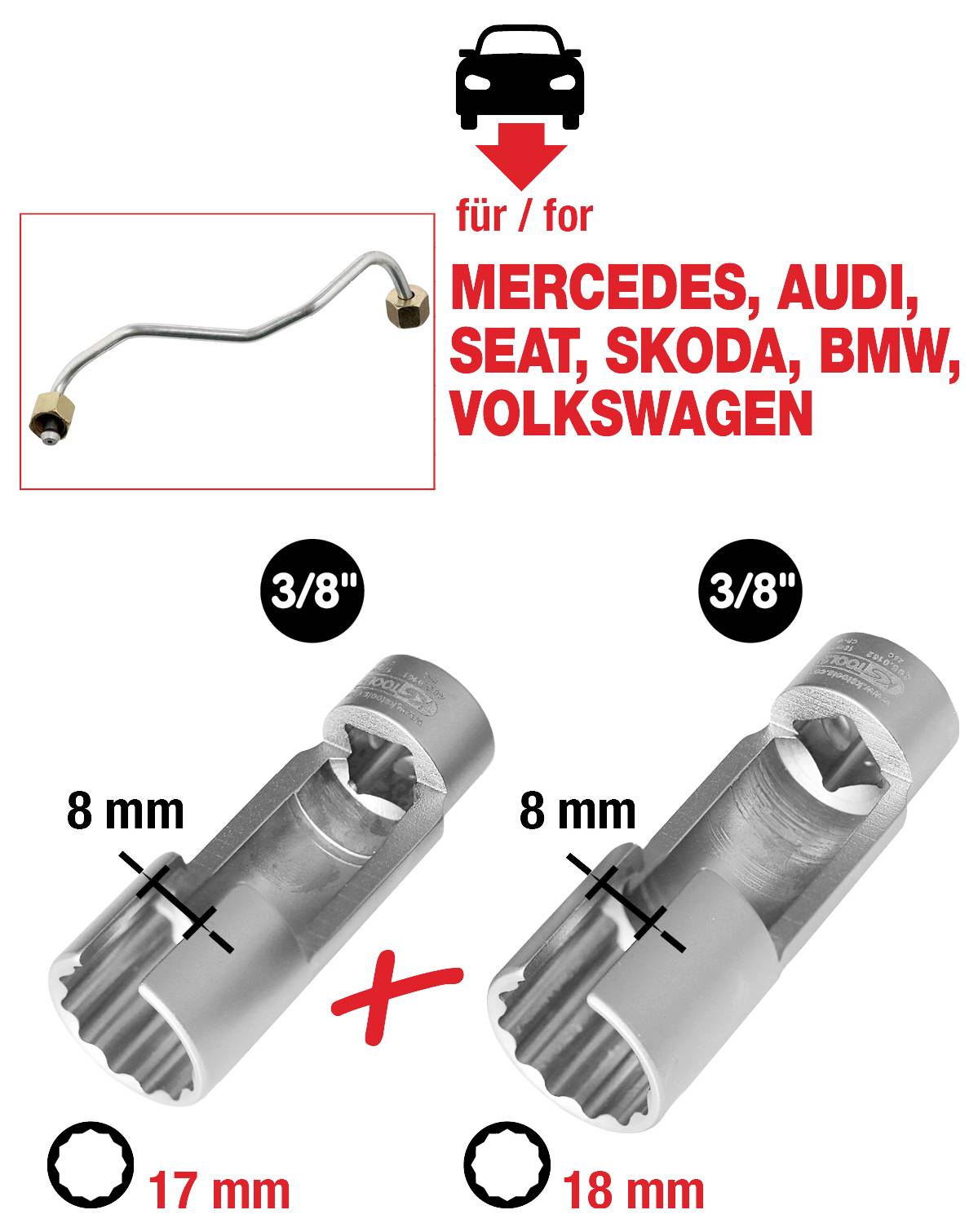 'Für Mercedes, Audi, Seat, Skoda, BMW, Volkswagen. Zwei 3/8