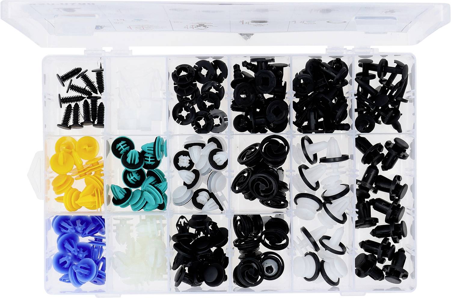 Eine organisierte Plastikbox, die eine Vielzahl schwarzer, gelber, blauer und türkisfarbener Kabelclips und Befestigungen enthält, sortiert in verschiedene Fächer.
