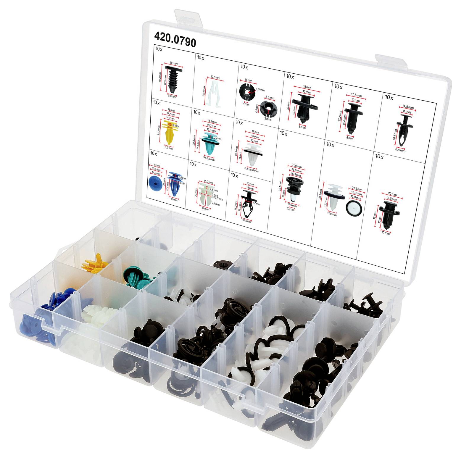 Eine Aufbewahrungsbox aus Kunststoff, gefüllt mit verschiedenen Befestigungselementen für Kraftfahrzeuge, wobei jedes Fach unterschiedliche Arten und Größen von Clips und Halterungen enthält.