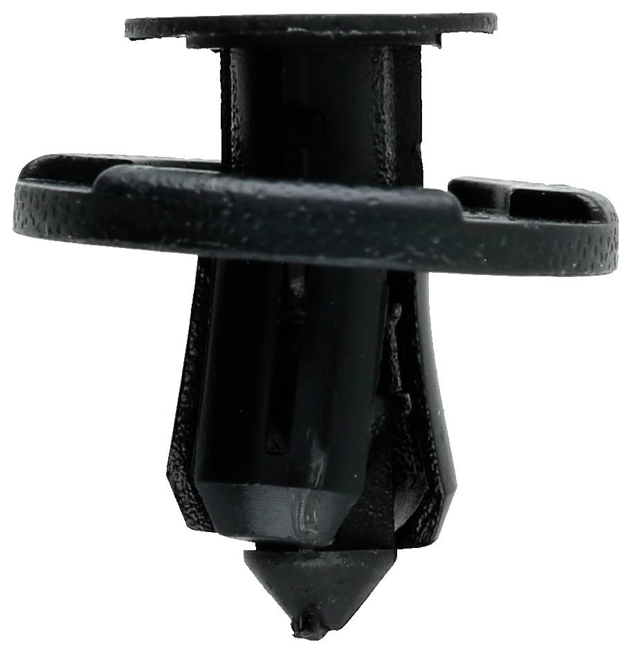 Eine schwarze automotive Befestigungsklammer, die zur Sicherung von Komponenten verwendet wird, vor einem weißen Hintergrund gezeigt, wobei ihr Design und ihre Struktur hervorgehoben werden.