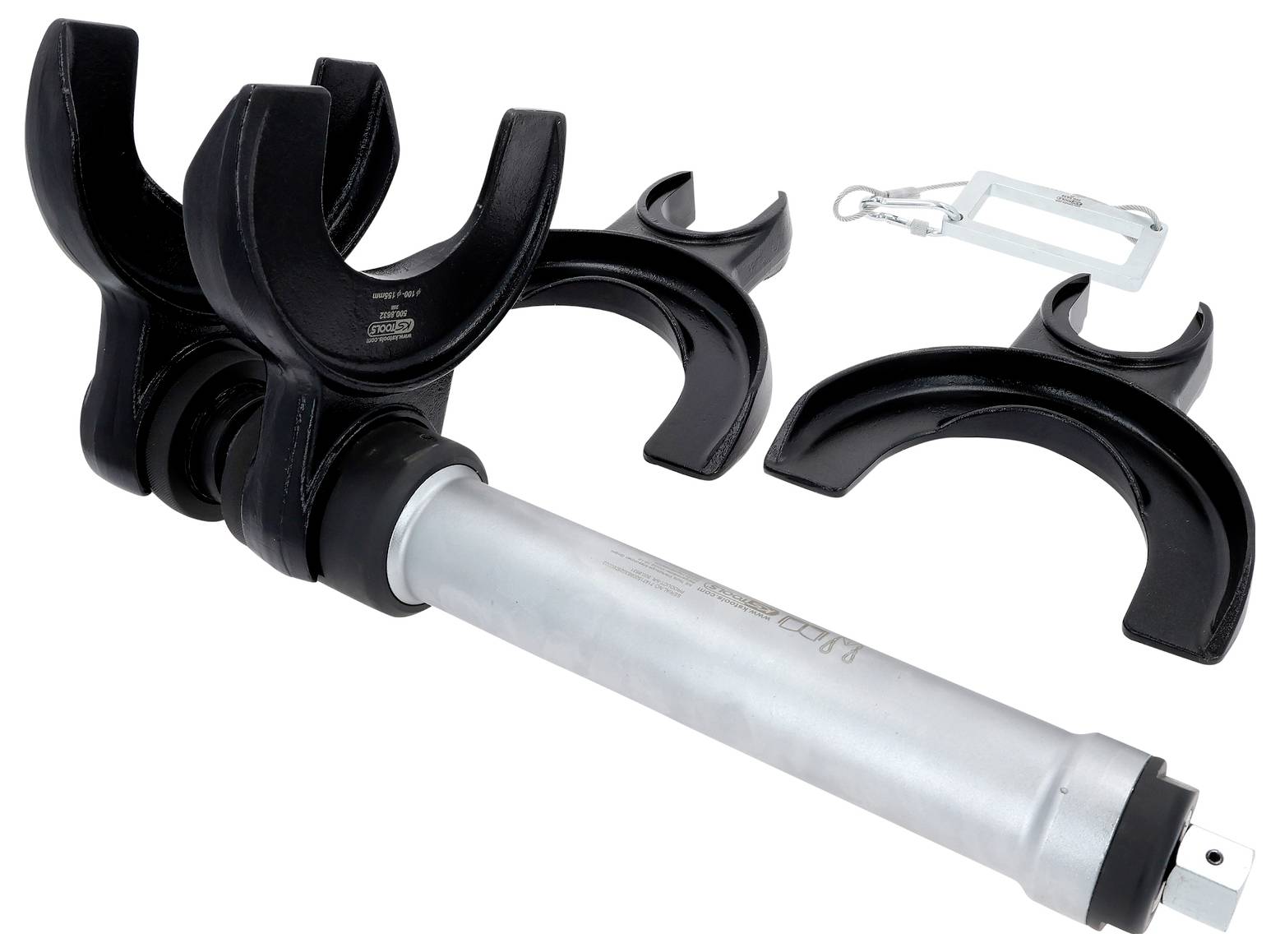 Ein schwarz-silberner Klemmvorrichtung mit mehreren verstellbaren Griffen und einem Metallclip. Verwendet zum Sichern oder Stabilisieren von Gegenständen.