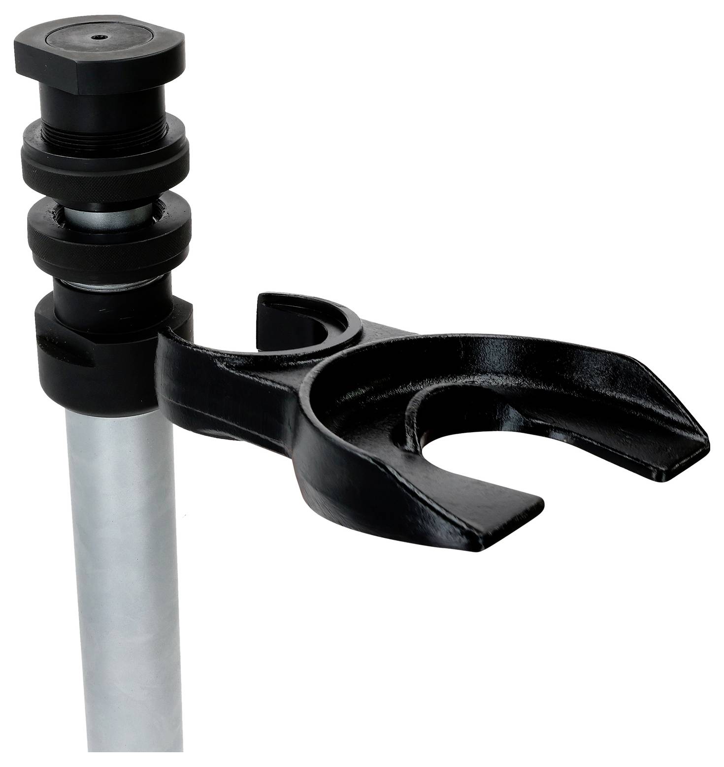 Ein schwarzer Metallstativ mit einer verstellbaren Klemme, entwickelt zum sicheren Halten von Präzisionsinstrumenten oder Werkzeugen für Stabilität und Genauigkeit.