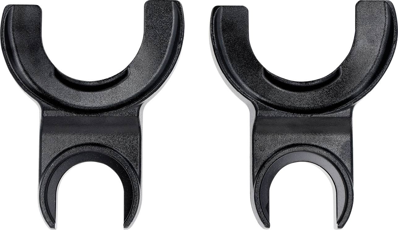 Zwei schwarze Plastikklammern mit U-förmigem Design, die üblicherweise zum Halten von zylindrischen Objekten wie Rohren oder Stangen verwendet werden.
