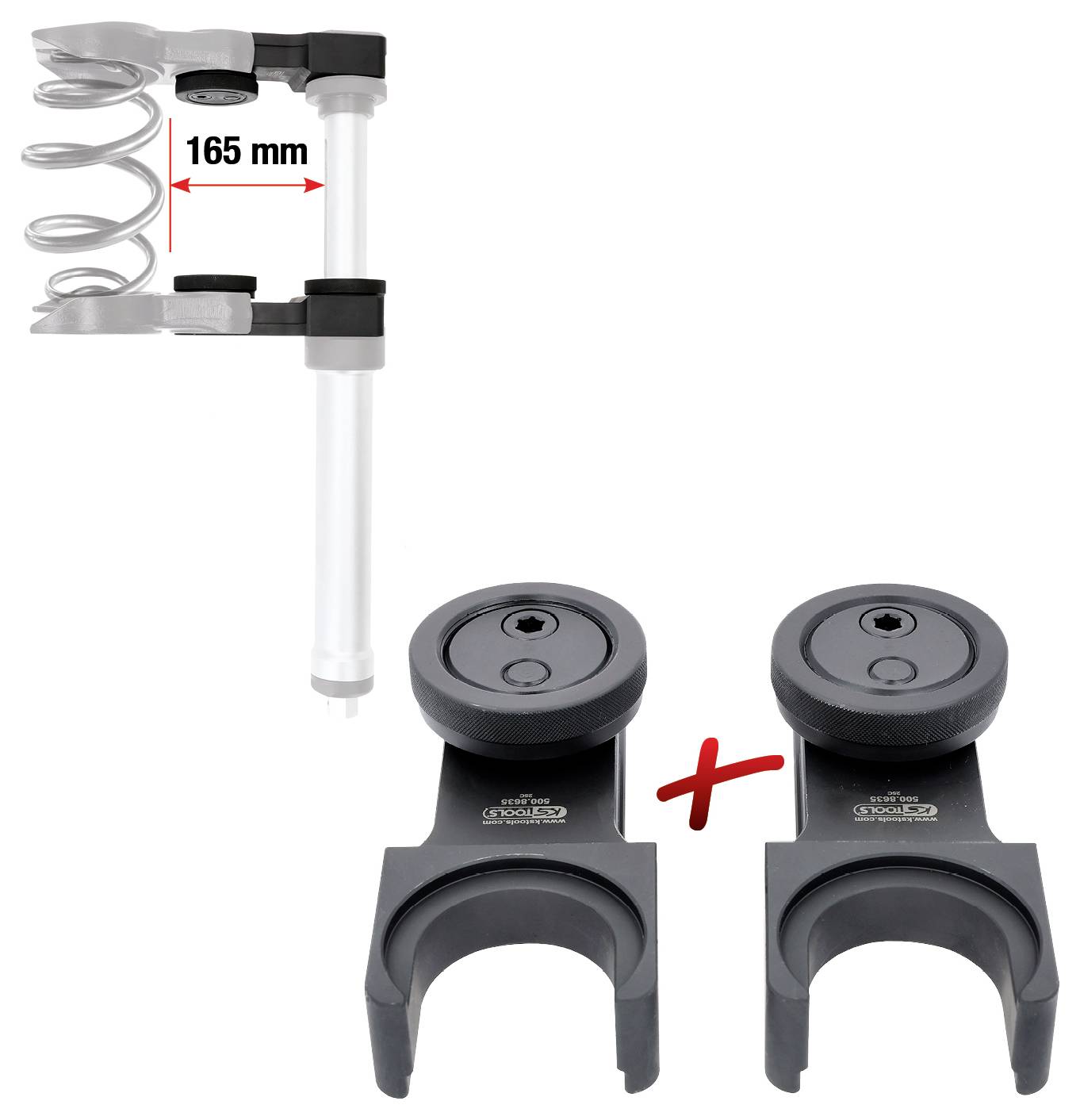 Das Bild zeigt einen Metallstabhalter mit einem Federmechanismus, 165 mm hoch, und zwei schwarzen Stabhaltern mit einem Pluszeichen dazwischen.