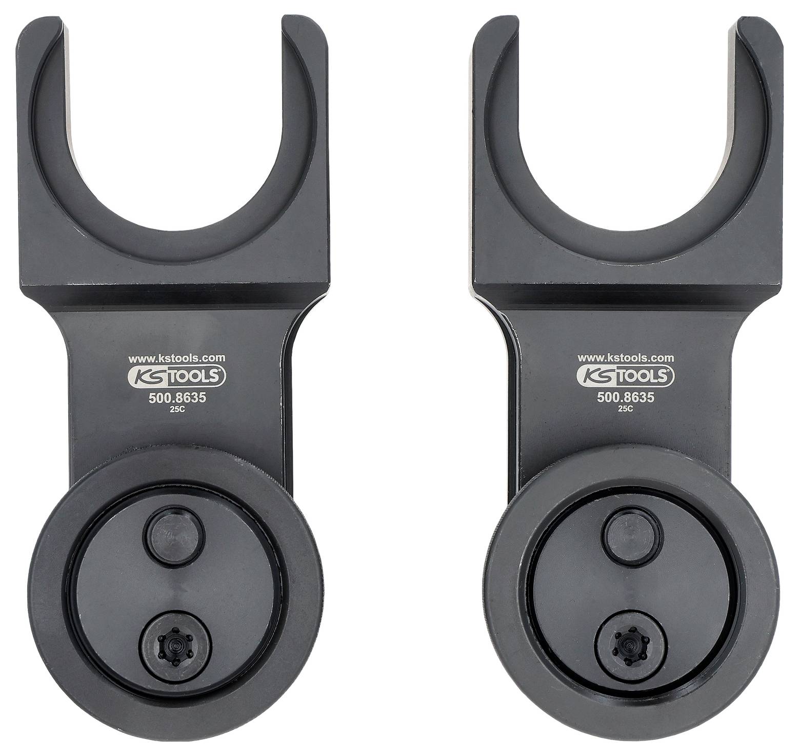 Zwei identische schwarze Schraubenschlüssel mit U-förmiger Öffnung, mit der Bezeichnung 'K-TOOLS 500.8635', die für Autoreparaturen oder mechanische Anwendungen verwendet werden.