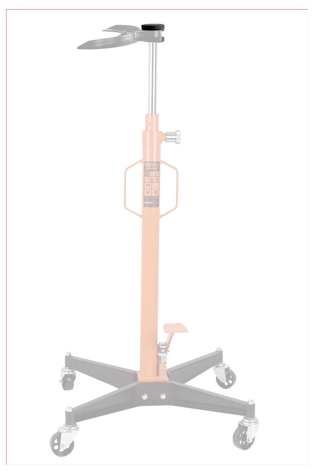 Orangefarbener Wagenheber auf Rollen mit verstellbarer Höhe, Pedalmechanismus und Griffen, verwendet zum Abstützen von Fahrzeugen während Wartungsarbeiten.